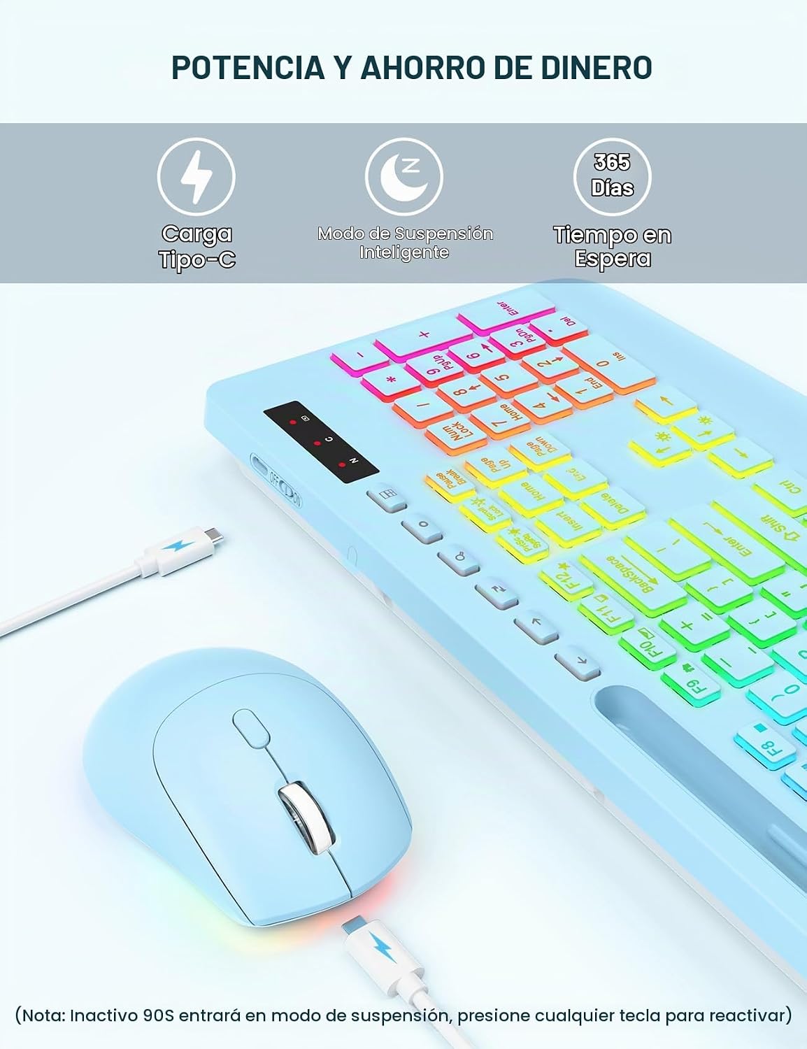 SABLUTE Combo de teclado y mouse inalámbricos, 9 efectos retroilumi...