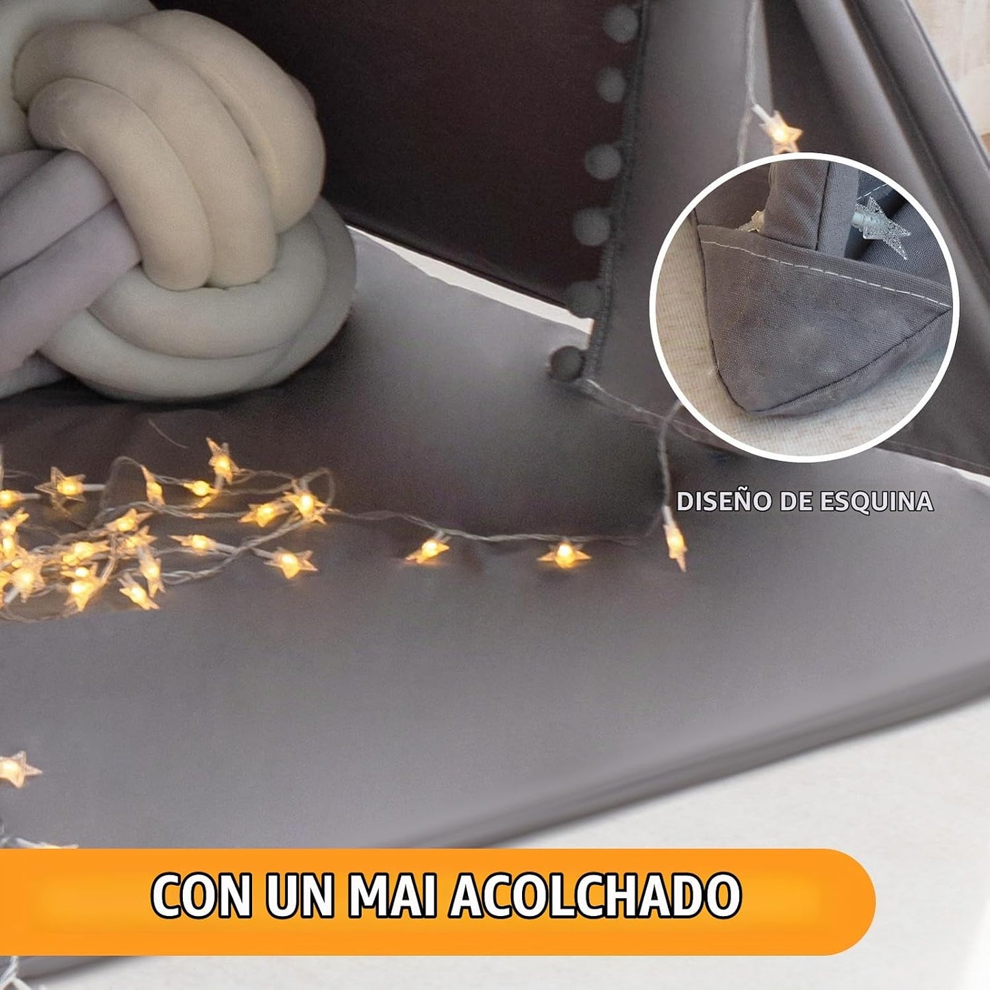RONGFA Tienda de campaña tipi para niños con alfombra, luces de est...