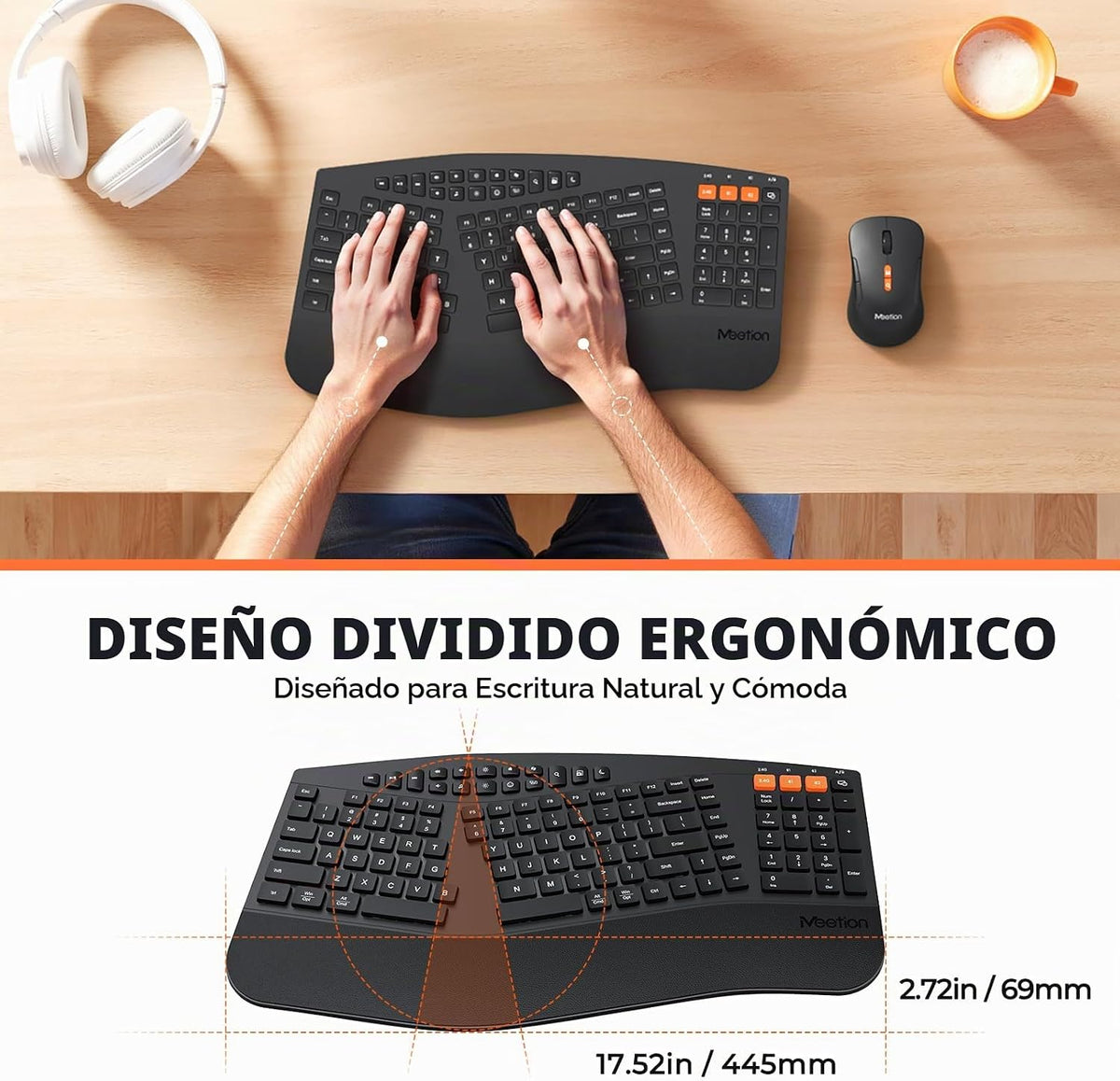 MEETION Combo ergonómico de teclado y mouse divididos, Bluetooth in...