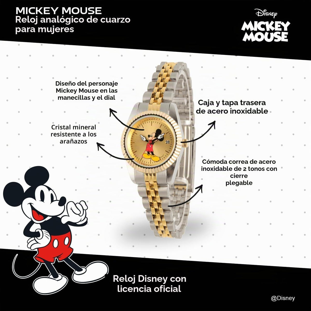 Disney Reloj de Mickey Mouse con licencia oficial, elegante y diver...