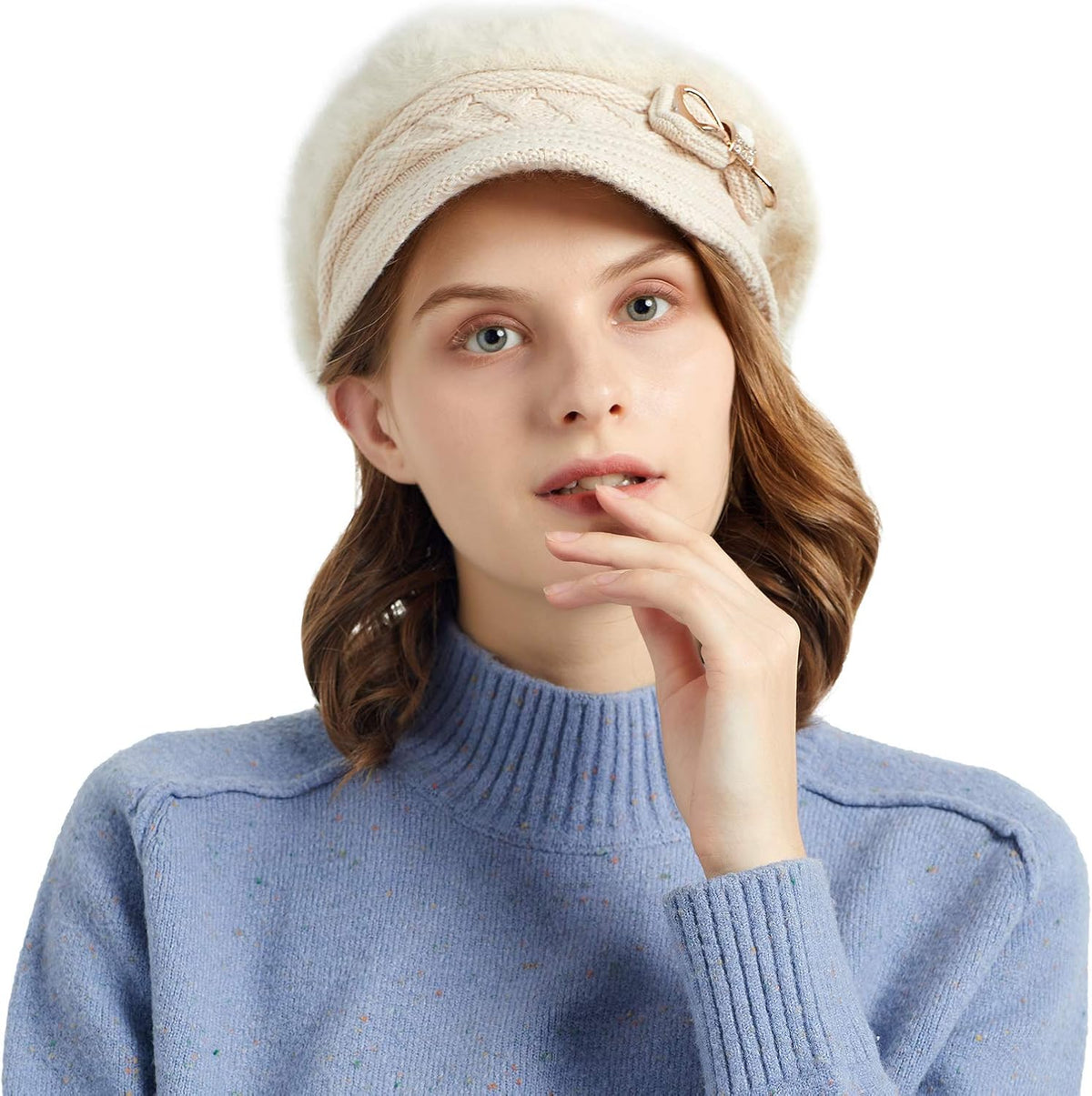 Surblue Sombrero de punto para mujer, boina, gorra de ala ancha con...