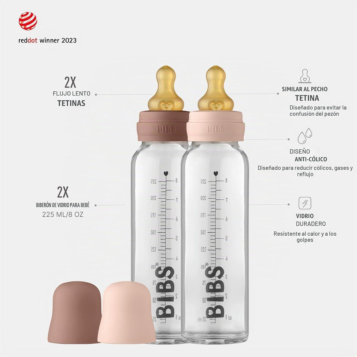 BIBS Botella de vidrio, 7.6 oz, paquete de 2, rubor\/marmota | Vidr...