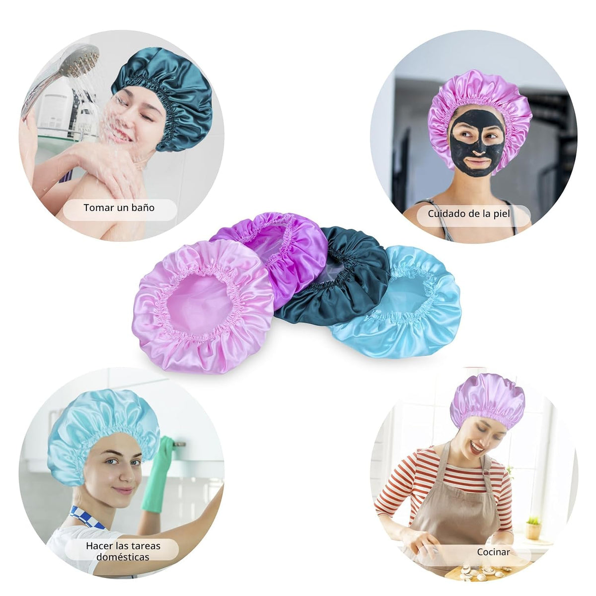 Gorros de ducha para mujer, 4 piezas de gorros de baño elásticos y...