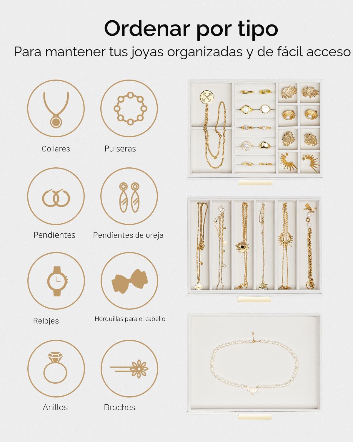 VLANDO Joyero para mujer, organizador de joyas con tapa de vidrio c...