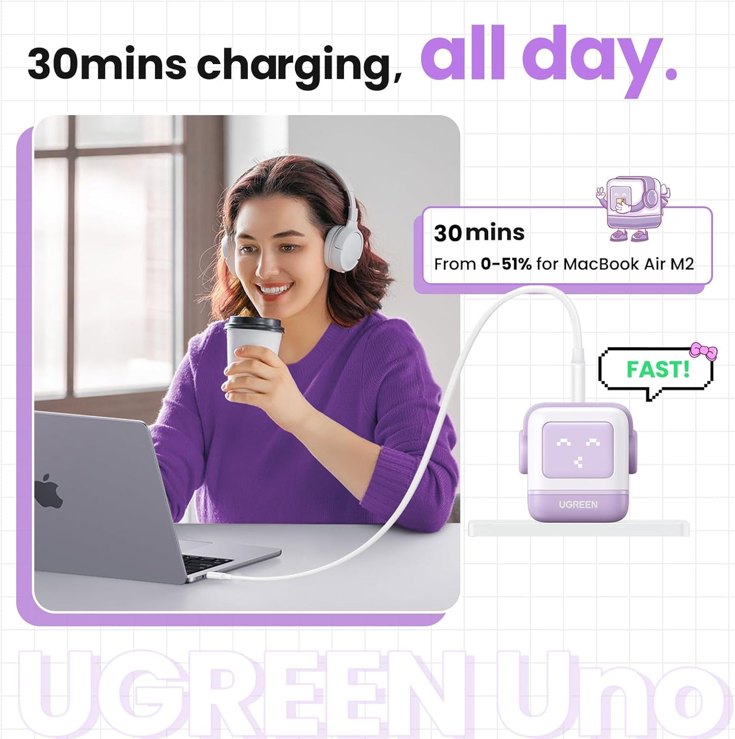 UGREEN Uno 65W Bloque de Cargador USB C, Carga Rápida GaN de 3 Puer...