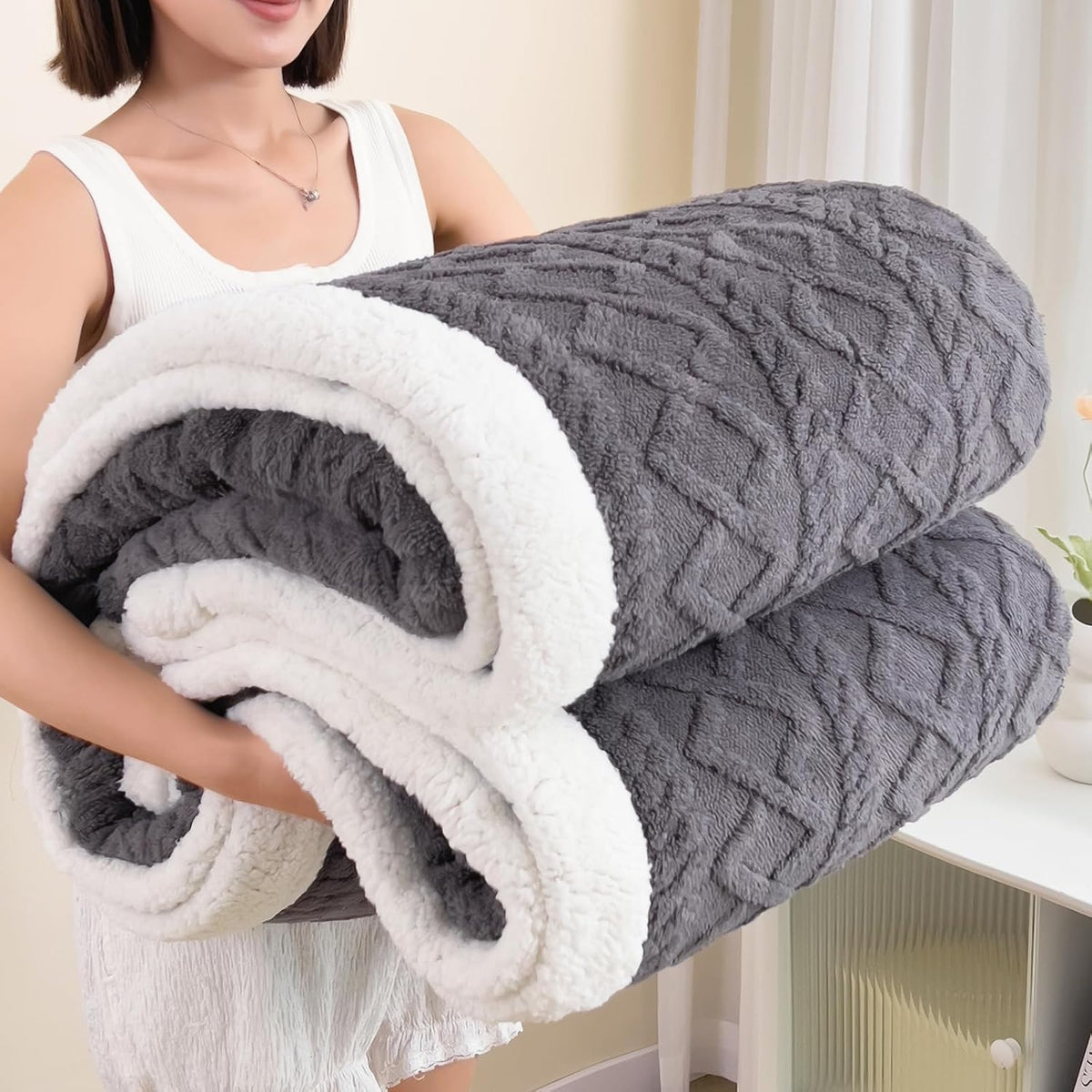Manta Sherpa de tamaño completo para cama - Mantas de vellón suaves...