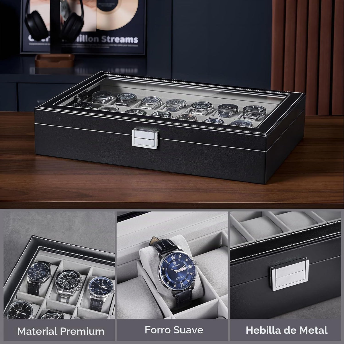 ProCase Caja de reloj para hombre, vitrina de 24 ranuras con tapa d...