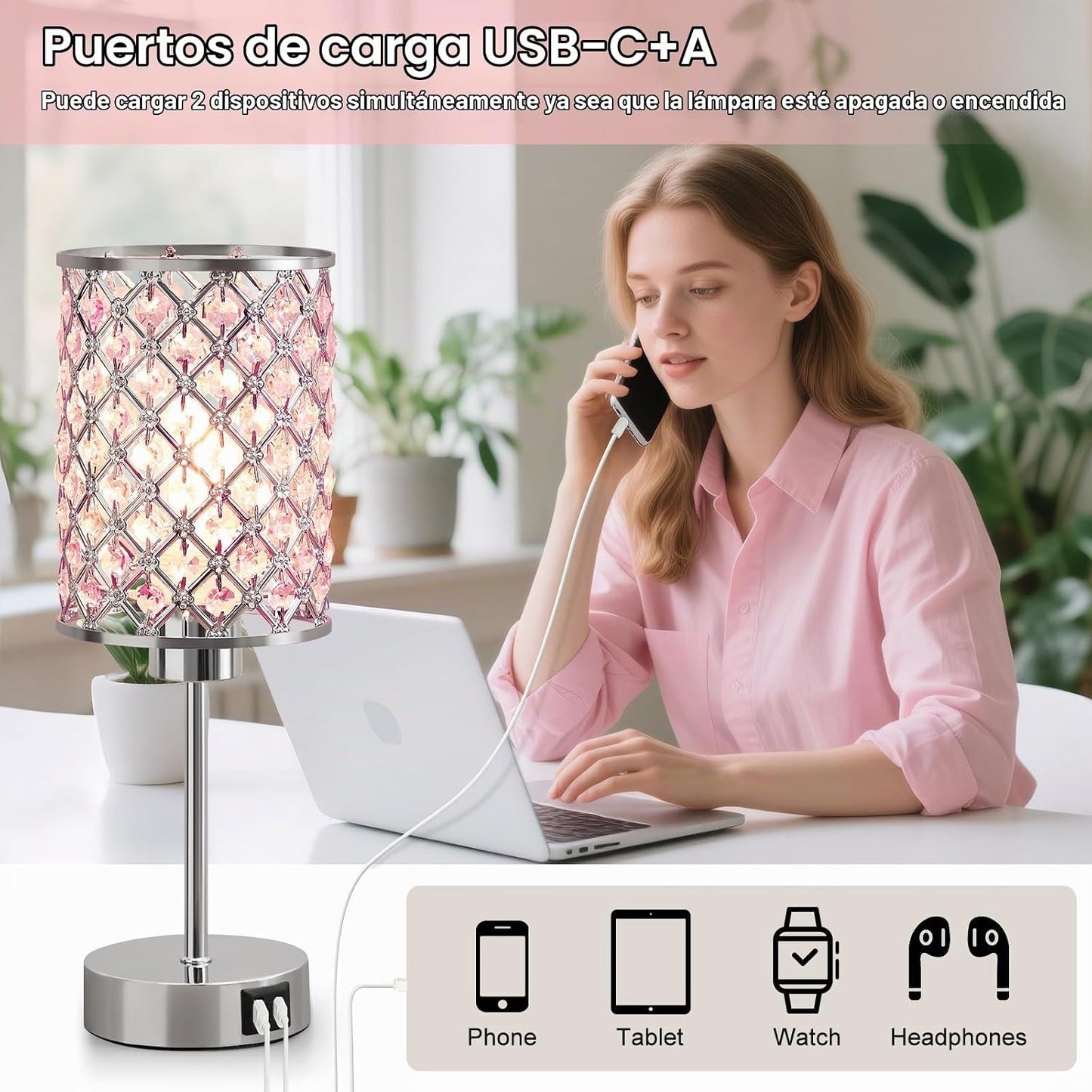 GyroVu - Juego de 2 lámparas de mesita de noche de cristal rosa con...