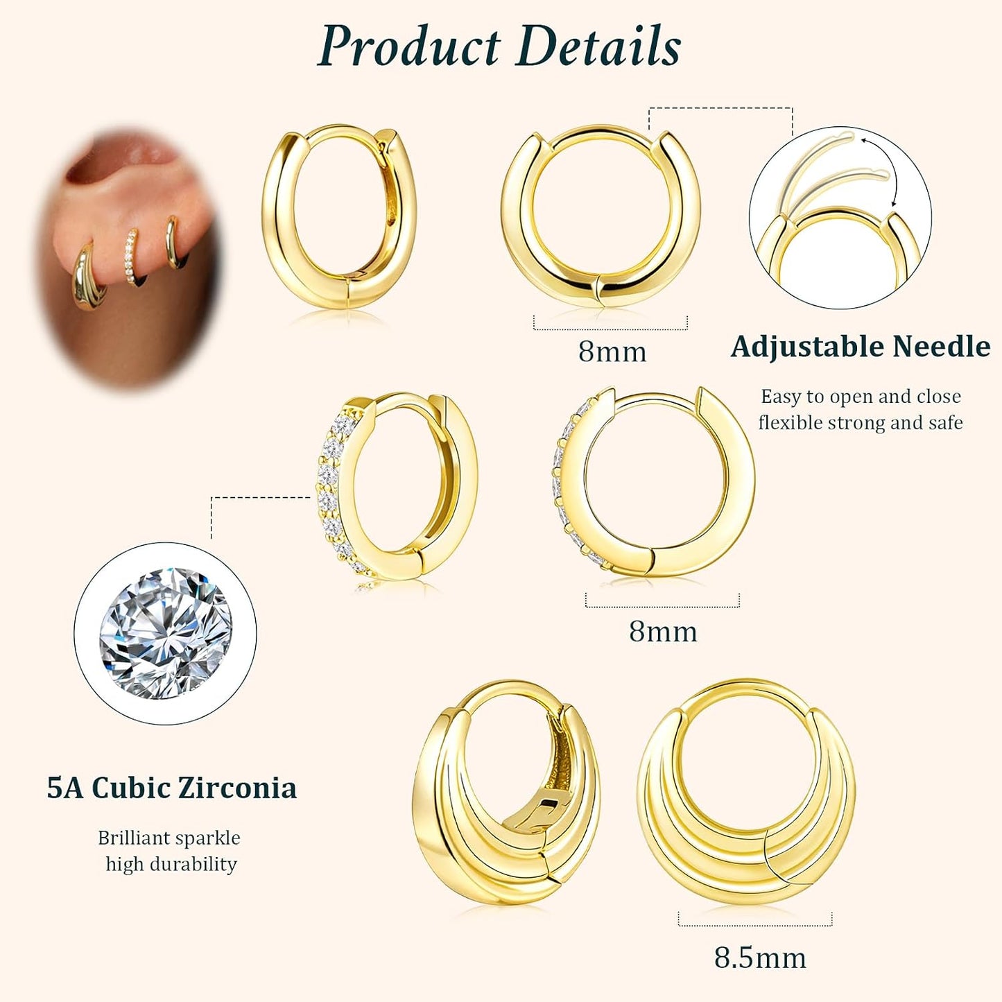 Poxtex - Set de arracadas pequeñas de plata de ley para mujer, chap...