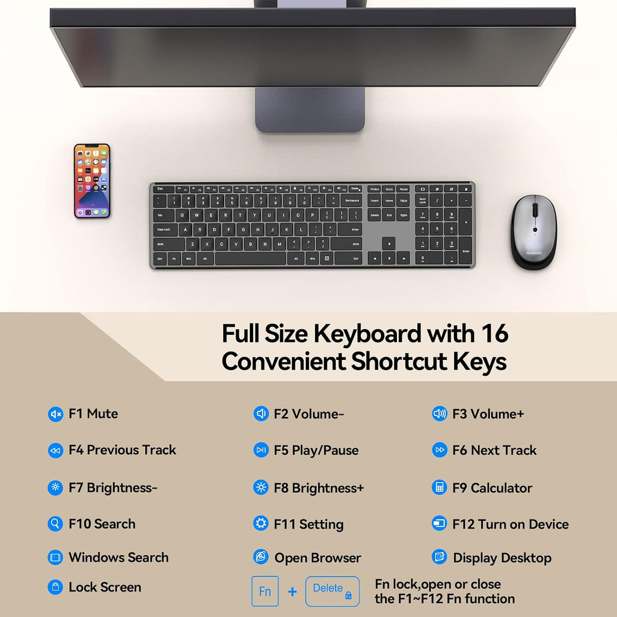 AUSDOM Combo de teclado y mouse inalámbricos, juego de mouse de tec...