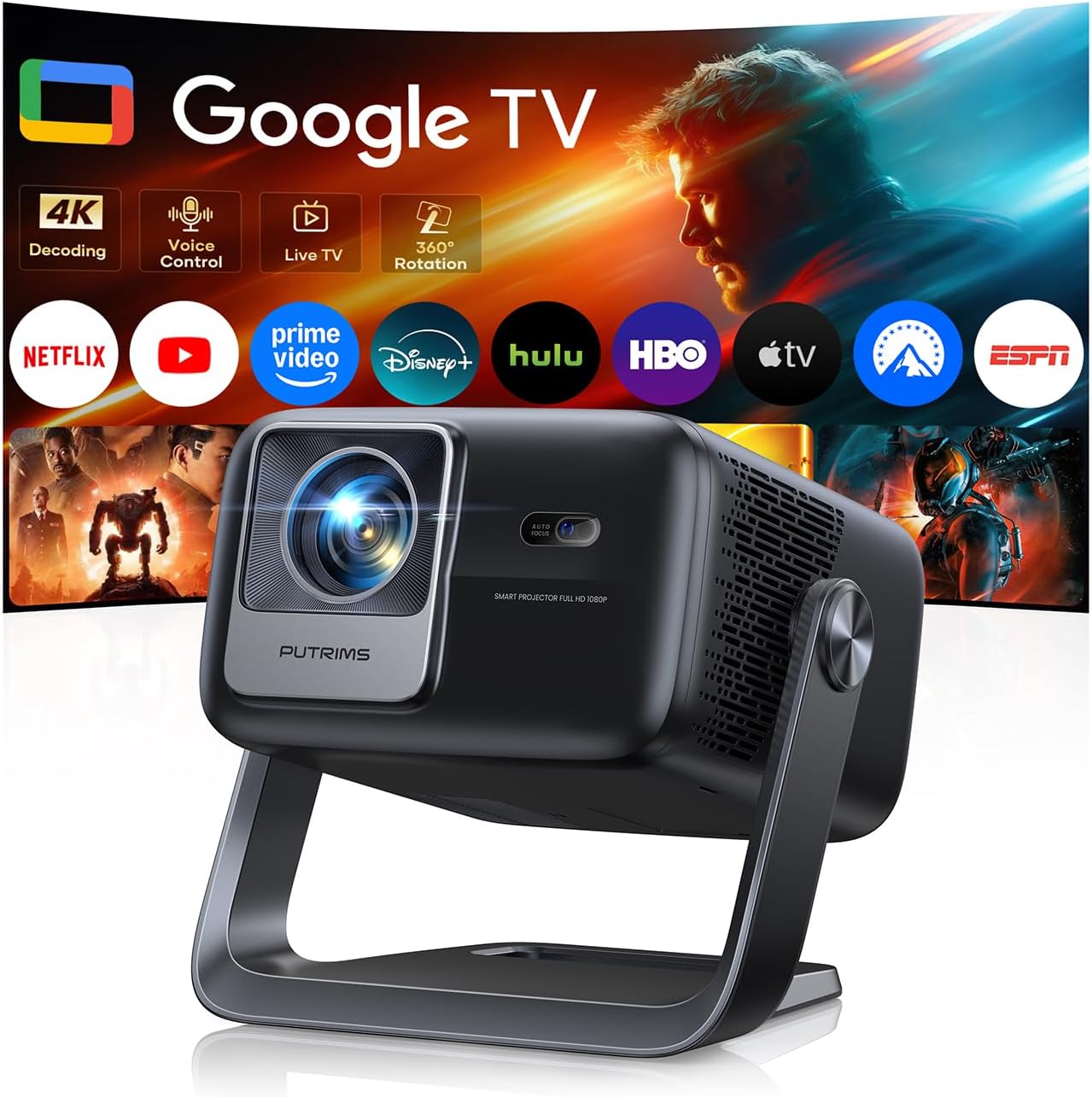 Proyector inteligente 4K [Google TV Stick integrado y soporte de 36...