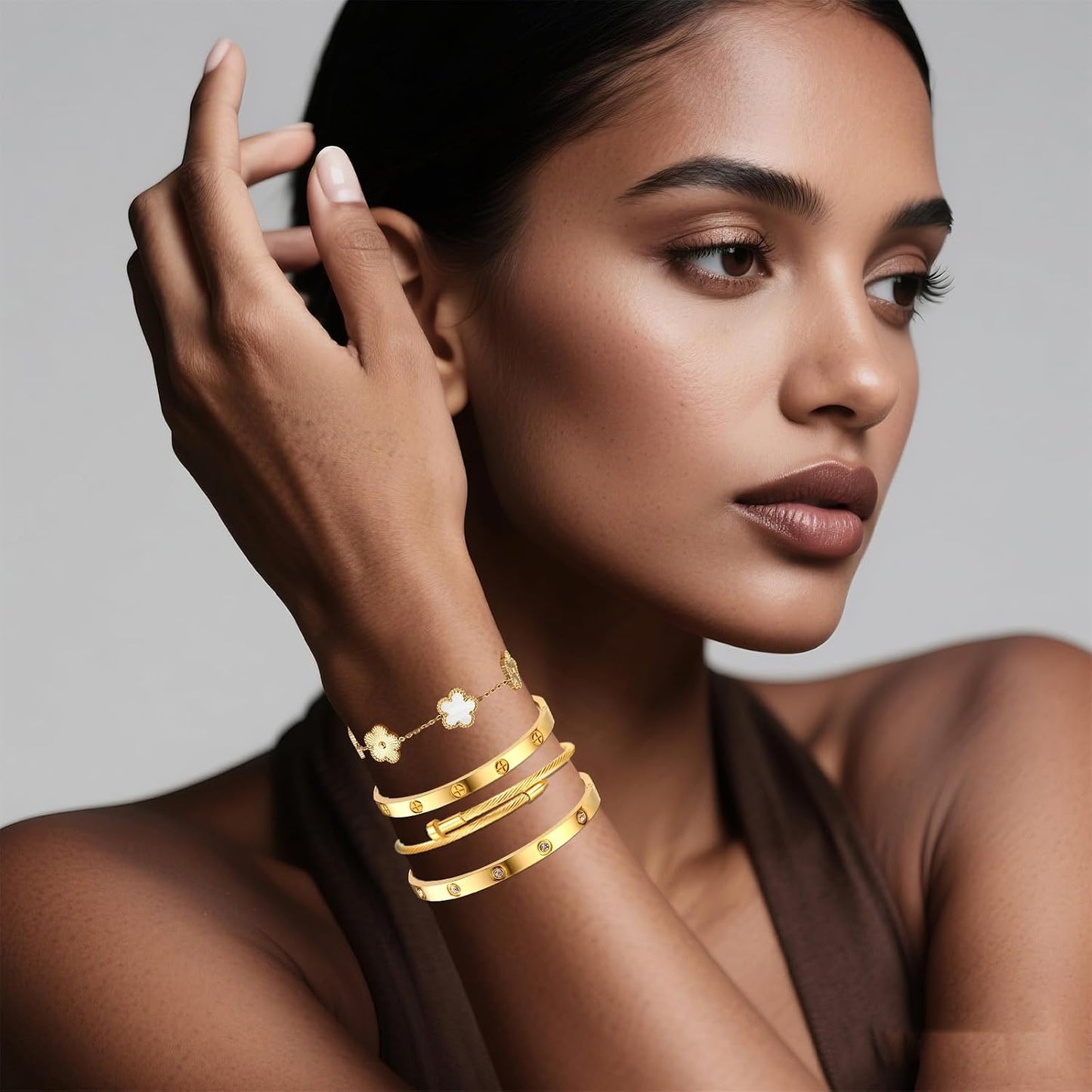 Ntutrxk Pulseras de oro para mujer - 4 piezas\/3 piezas, juego de p...