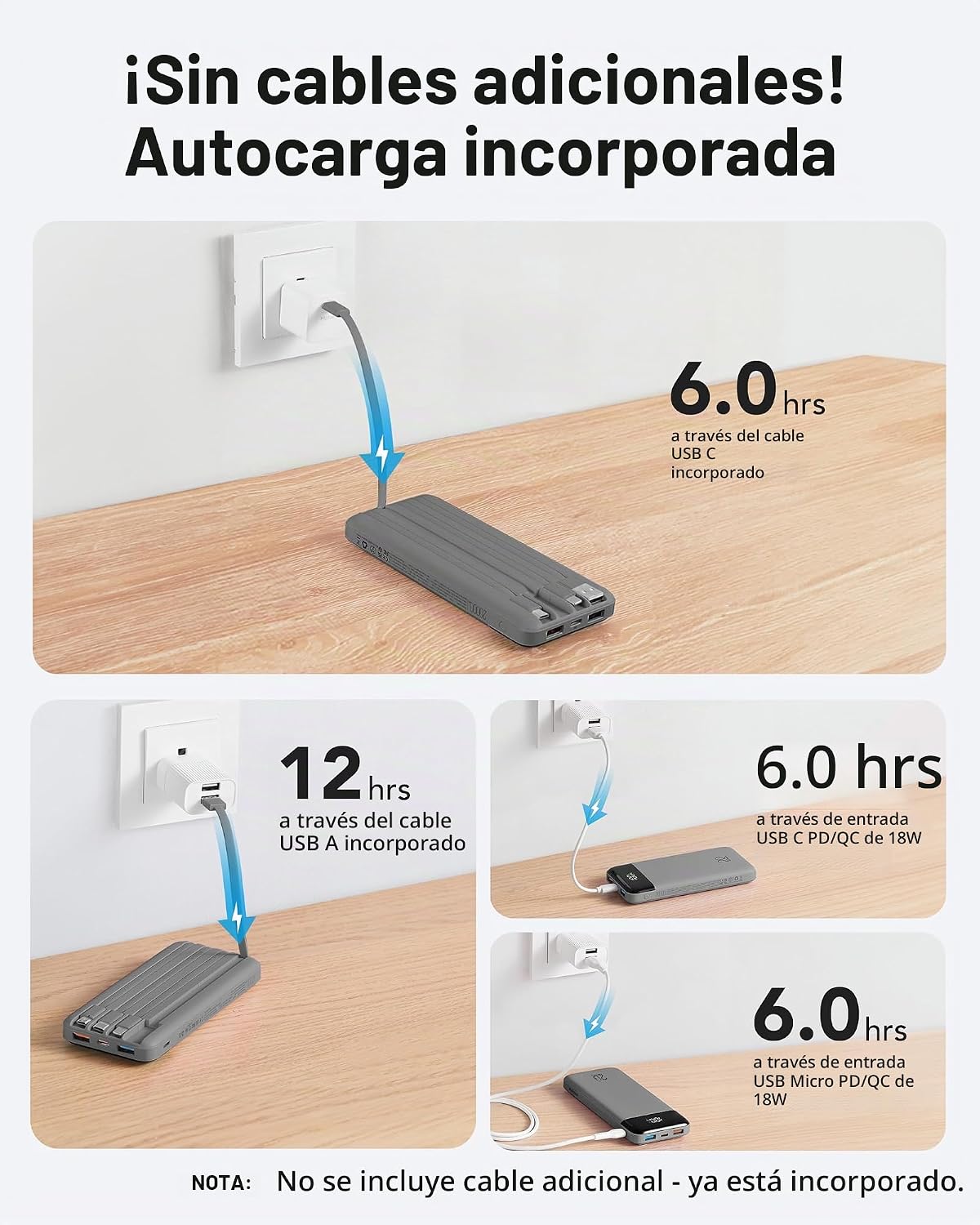 Charmast - Cargador portátil de 20000 mAh con cables incorporados,...