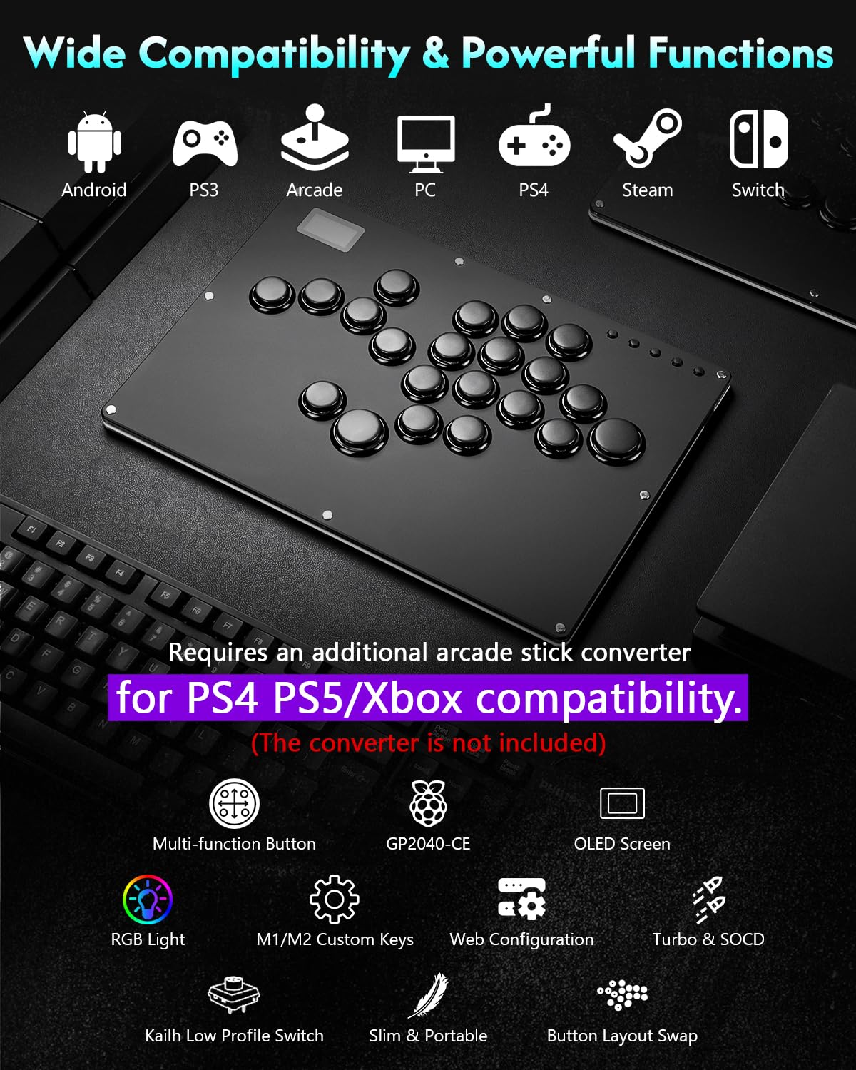 GuileKeys Controlador sin palanca Arcade Stick GK-21 y adaptador de...