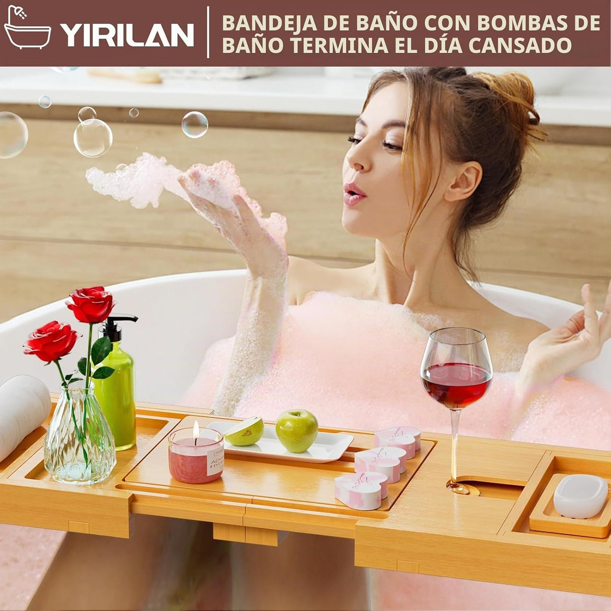 Bandeja de baño de bambú plegable de color madera original, bandeja...