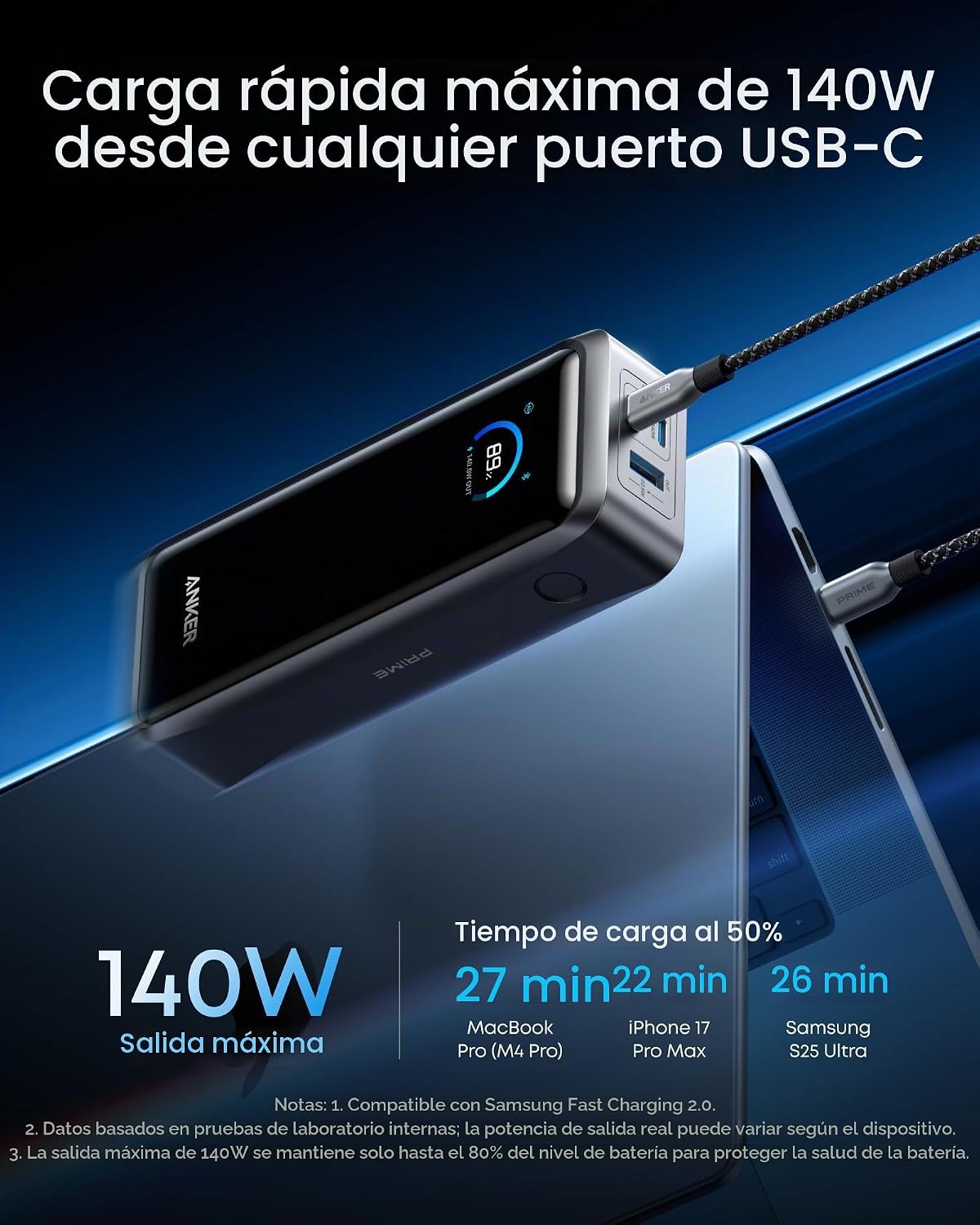 Anker Prime Power Bank, banco de energía portátil de 3 puertos de 2...