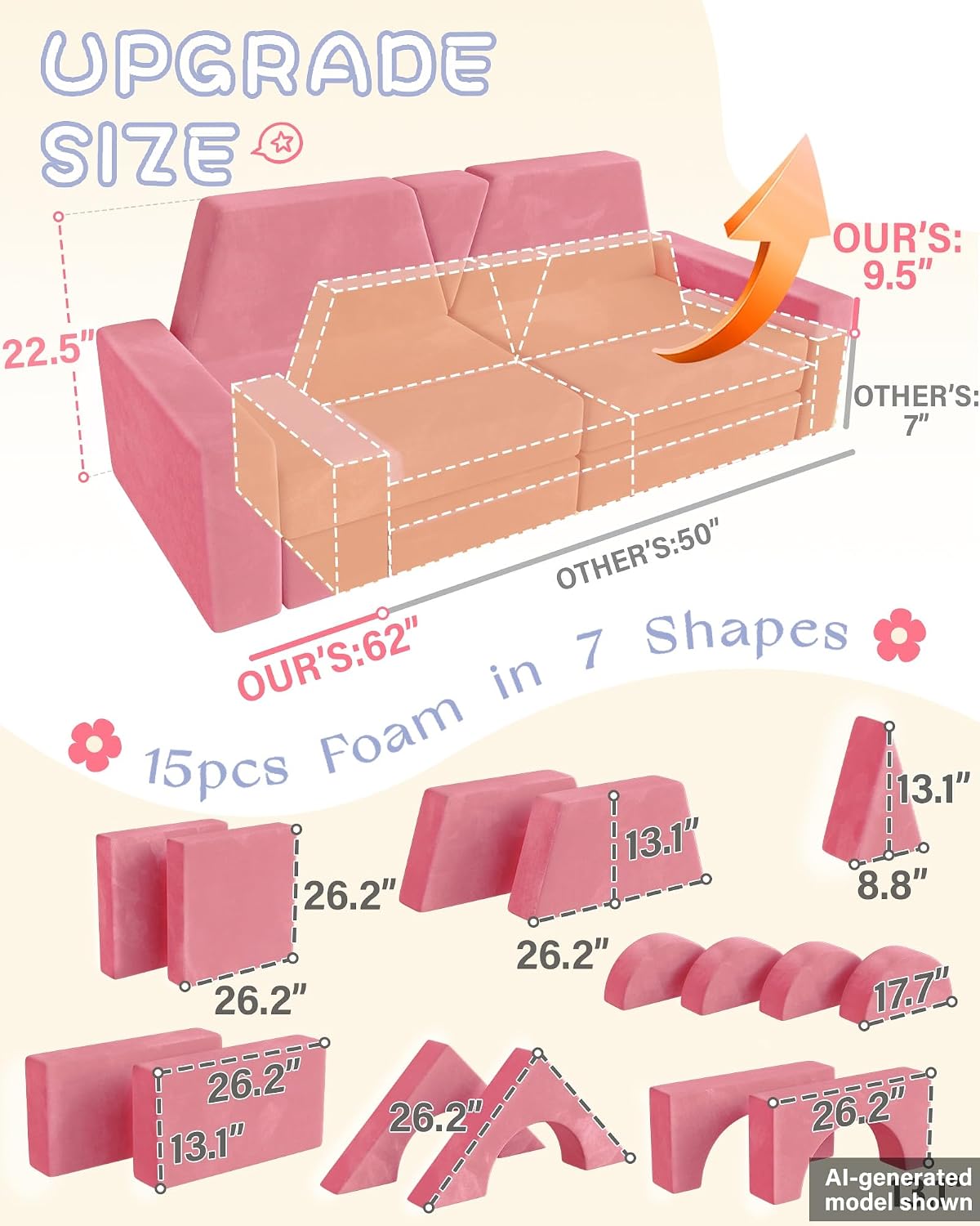 YEFU Sofá modular de juego para niños de 15 piezas, más de 1000 jue...