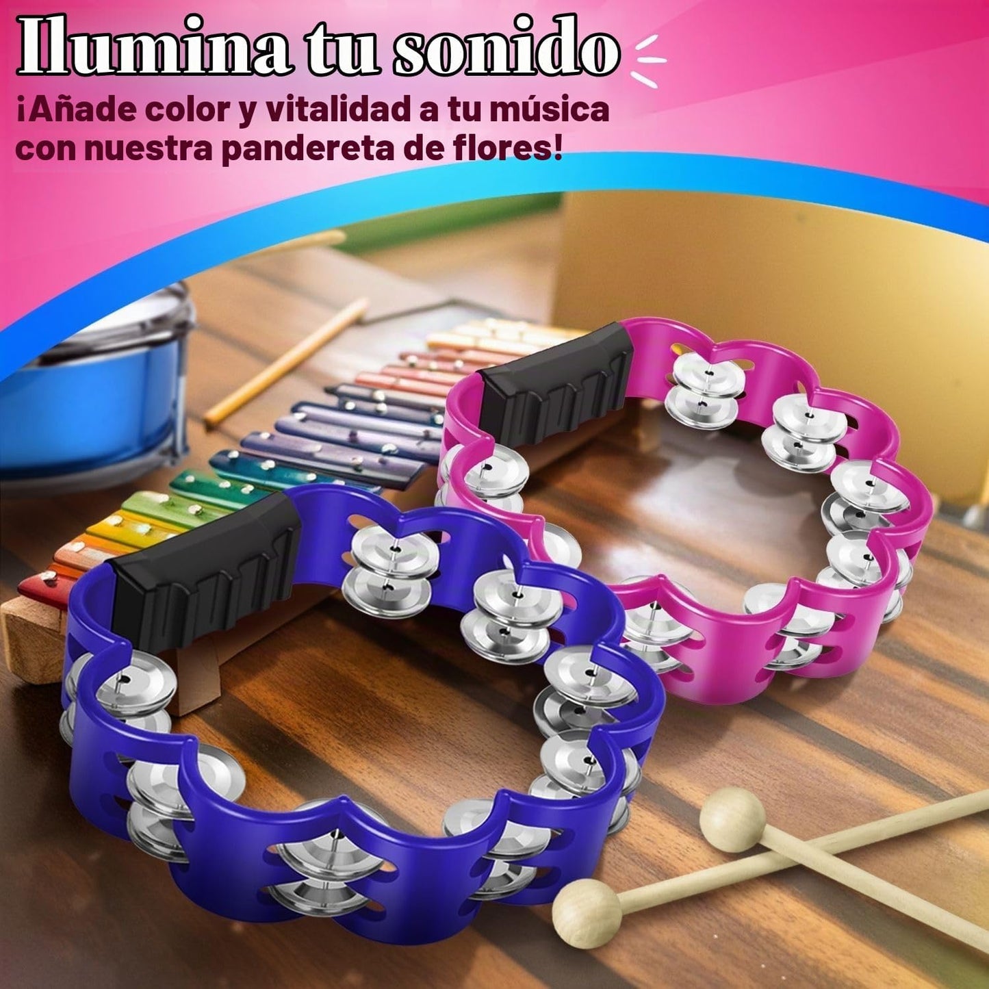 Flexzion Panderetas de flores de 8 pulgadas, jingles de doble fila,...