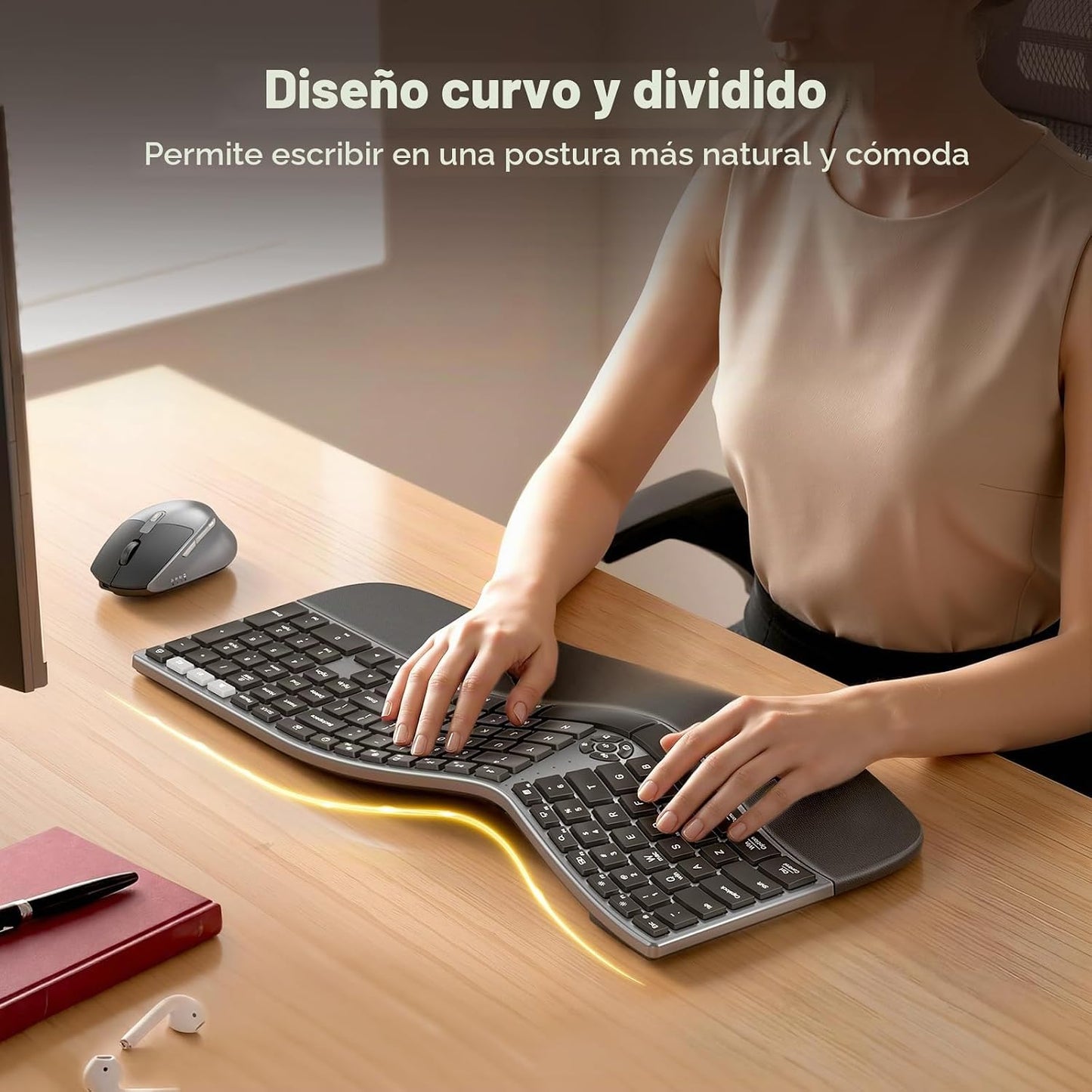 MEETION Teclado y mouse ergonómicos, teclado curvado dividido 2.4G...