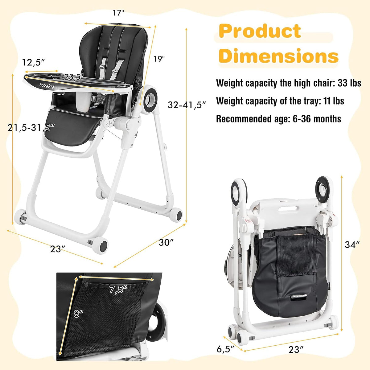 BABY JOY Silla alta para bebés y niños pequeños, silla alta plegabl...
