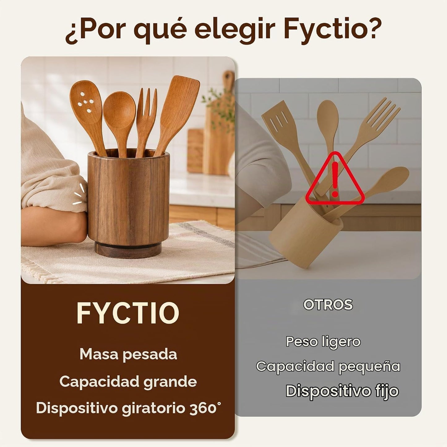 Fyctio Soporte para utensilios de madera de acacia, giratorio en 36...