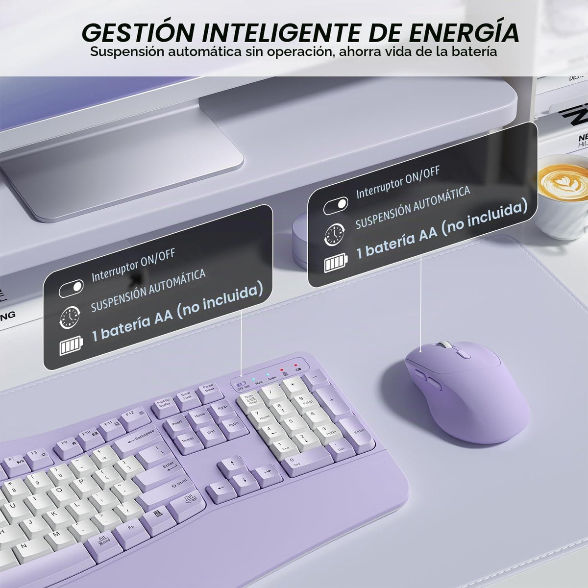 Combo de teclado y mouse inalámbricos, teclas onduladas de tamaño c...