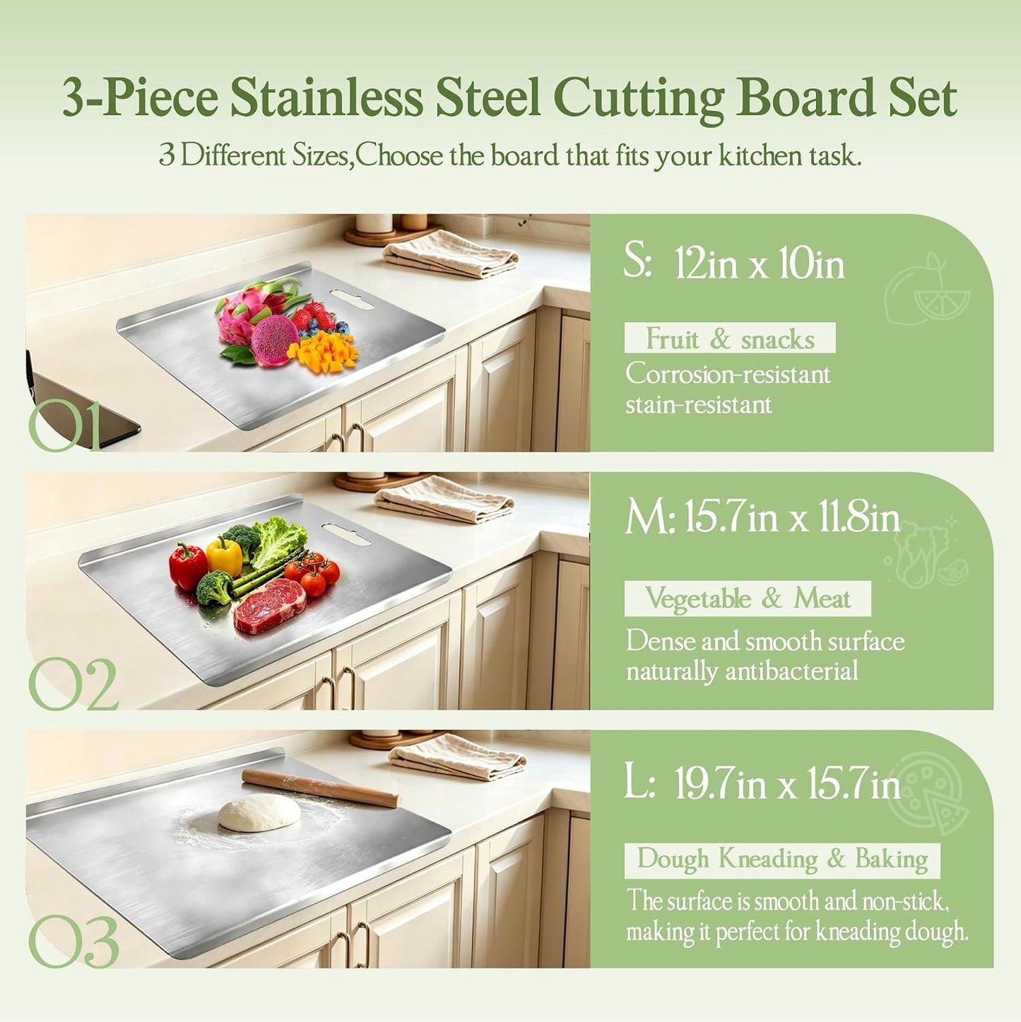 Juego de 3 tablas de cortar de acero inoxidable para cocina, tabla...