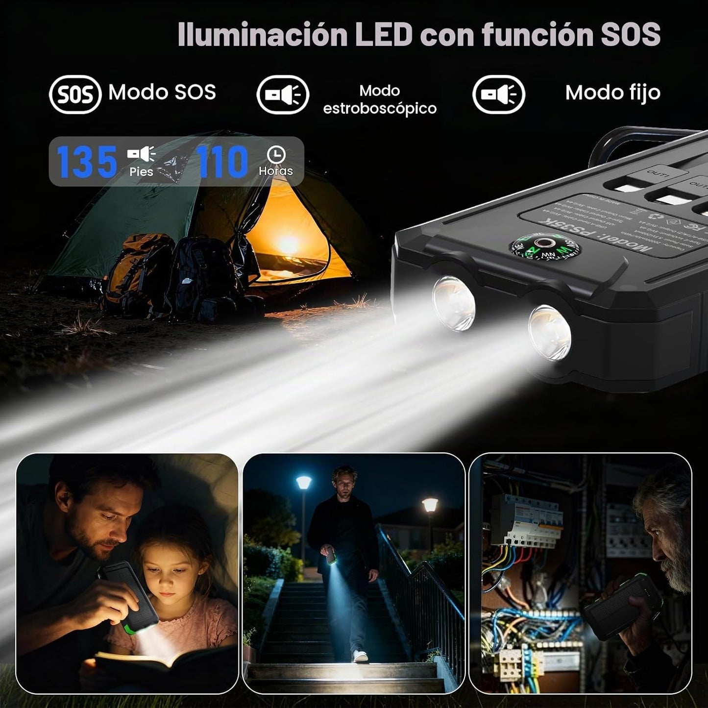 Cargador solar de 20,000 mAh, cargador portátil, 4 cables, 3 puerto...