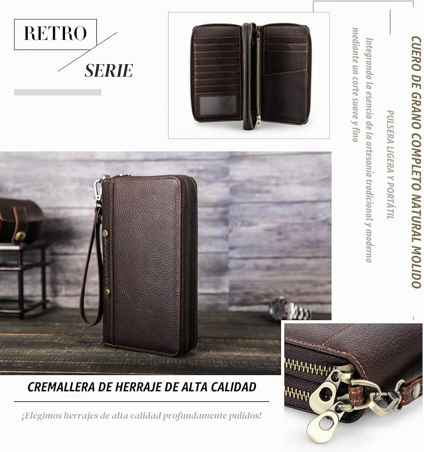 Billetera de cuero genuino de grano superior con correa de muñeca p...