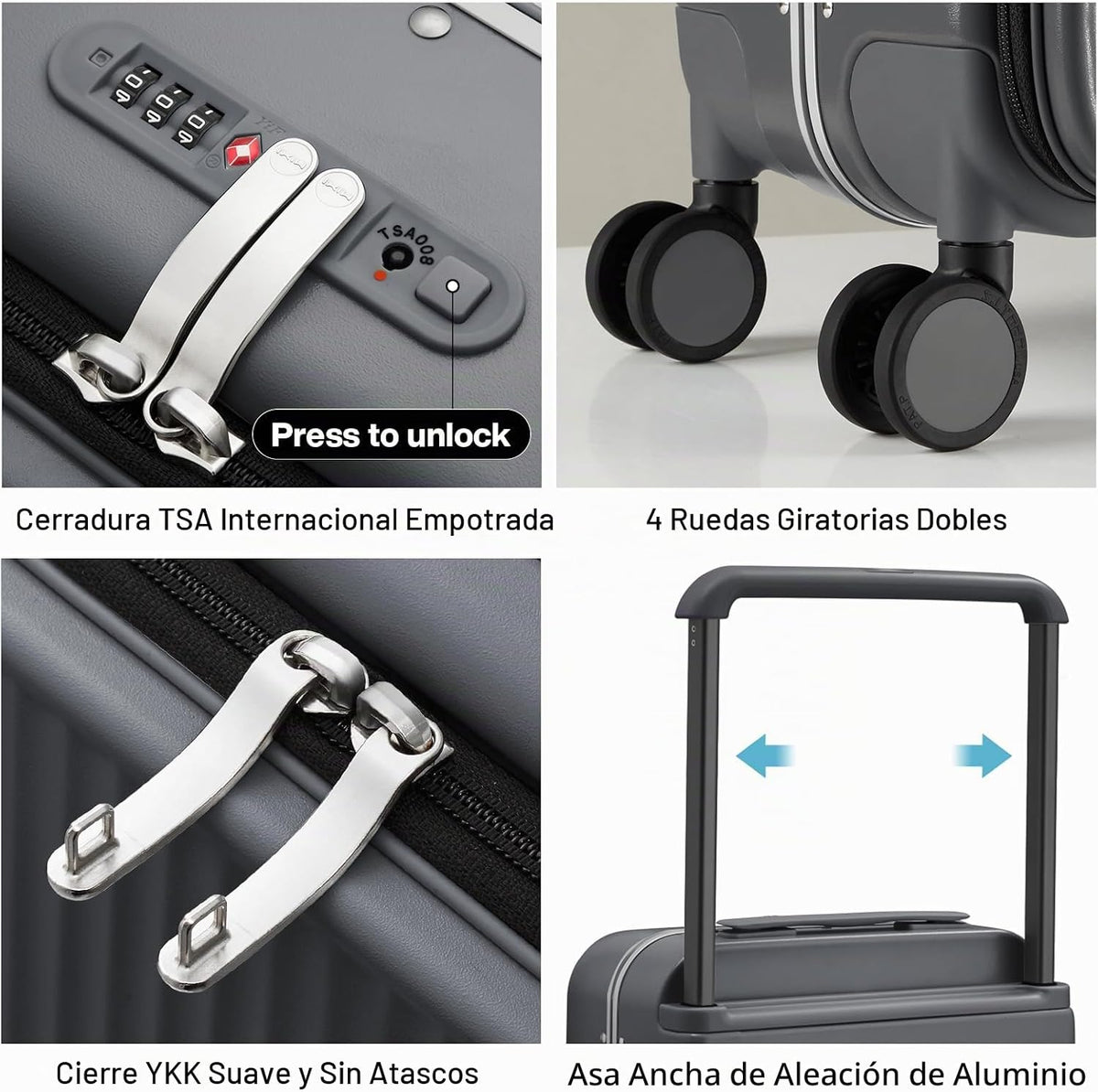 mixi Maleta de equipaje con bolsillo frontal para laptop, maleta de...