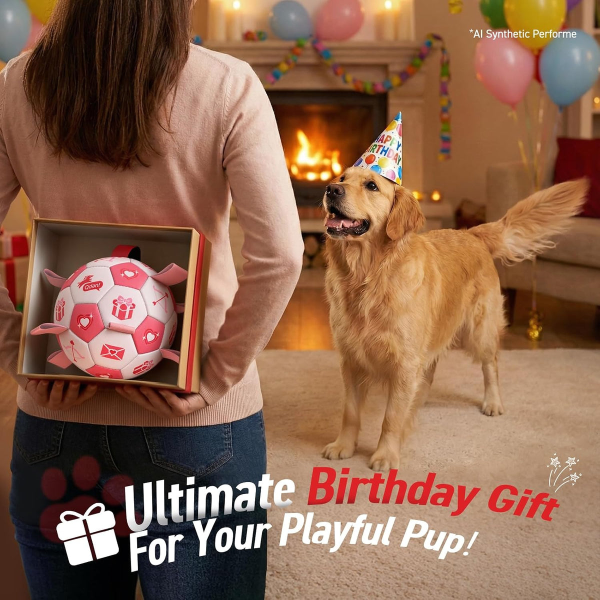 QDAN Juguetes de cumpleaños para perros, pelota de fútbol rosa con...