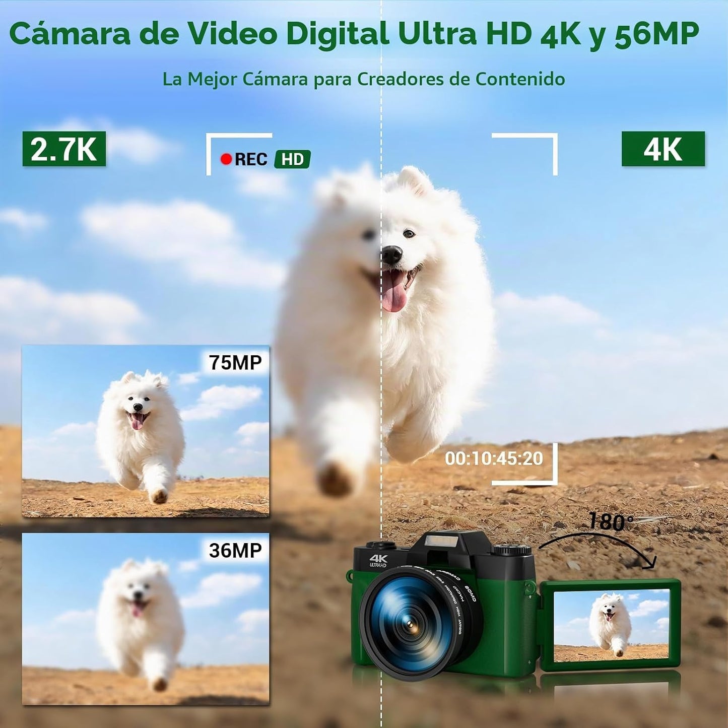 Cámara digital de 75 MP, cámara de vlogging WiFi 4K con pantalla ab...