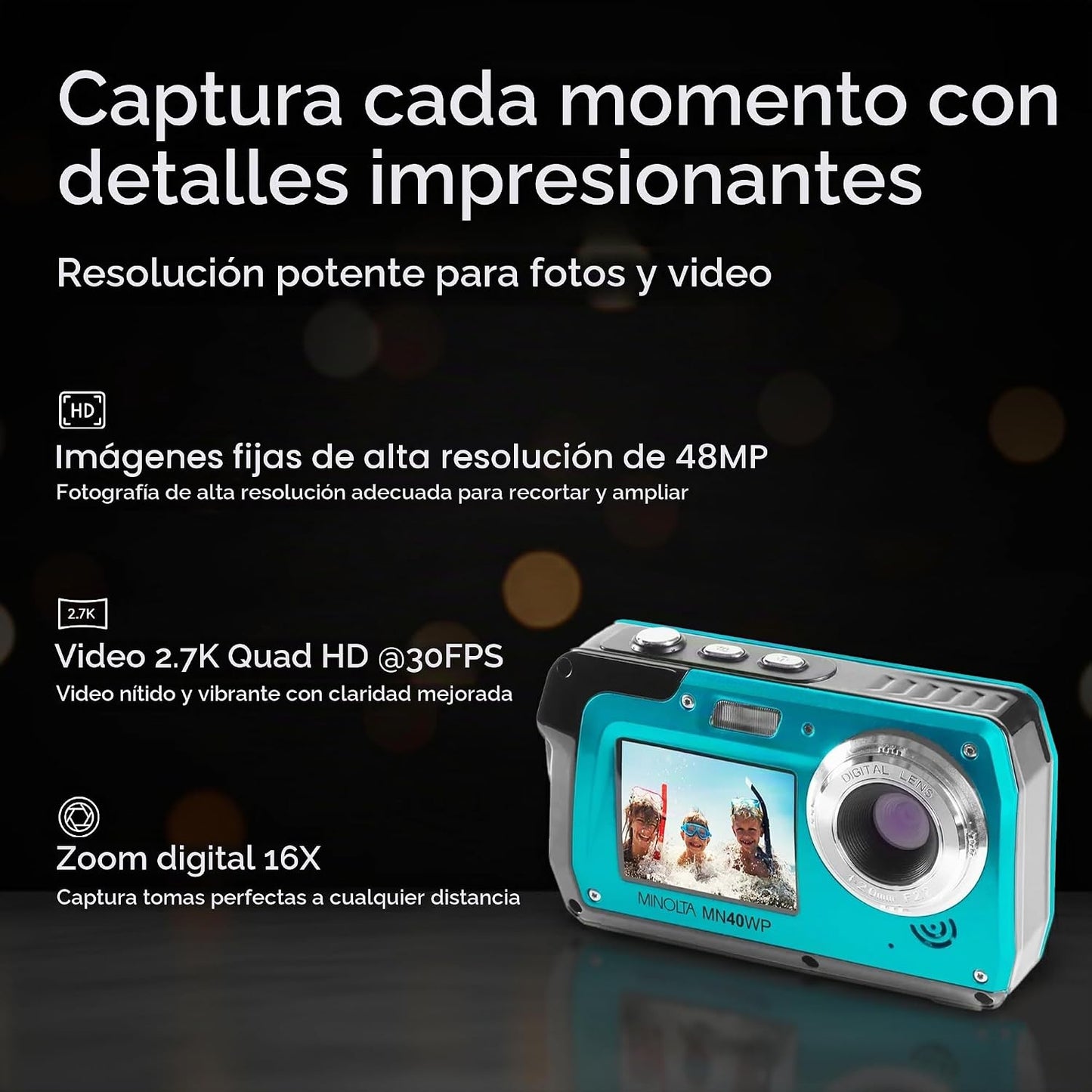 Minolta MN40WP 48MP QHD Cámara impermeable con pantalla LCD dual, c...