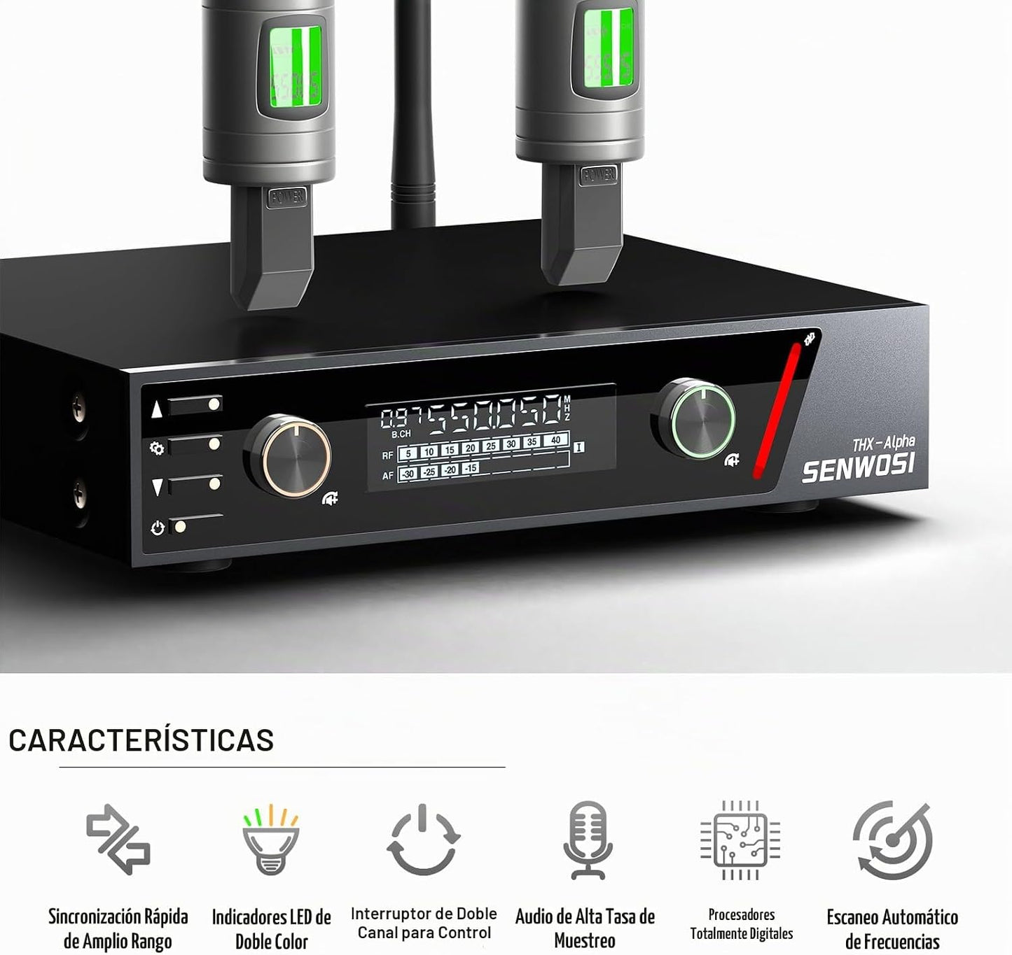 SENWOSI Sistema de micrófono inalámbrico UHF de doble canal con esc...