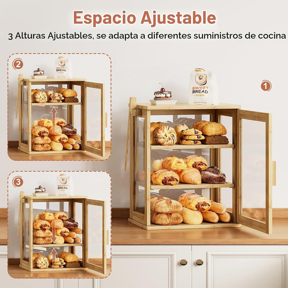 WOWLIVE Caja de Pan de Bambú para Encimera de Cocina, Contenedor de...