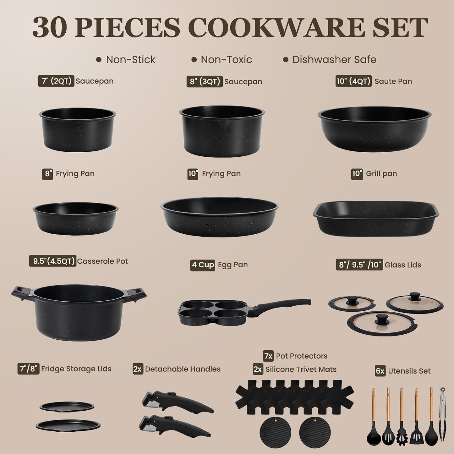 KIKCOIN - Juego de ollas y sartenes antiadherentes de 30 piezas, ut...