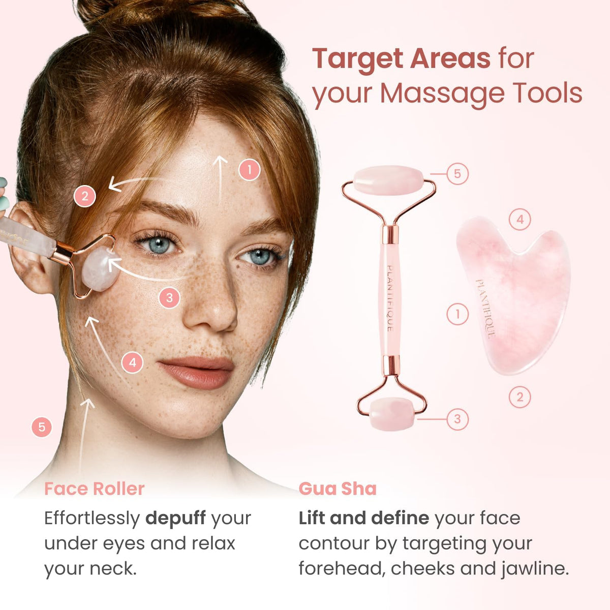 PLANTIFIQUE - Juego de rodillos faciales y Gua Sha de cuarzo rosa,...