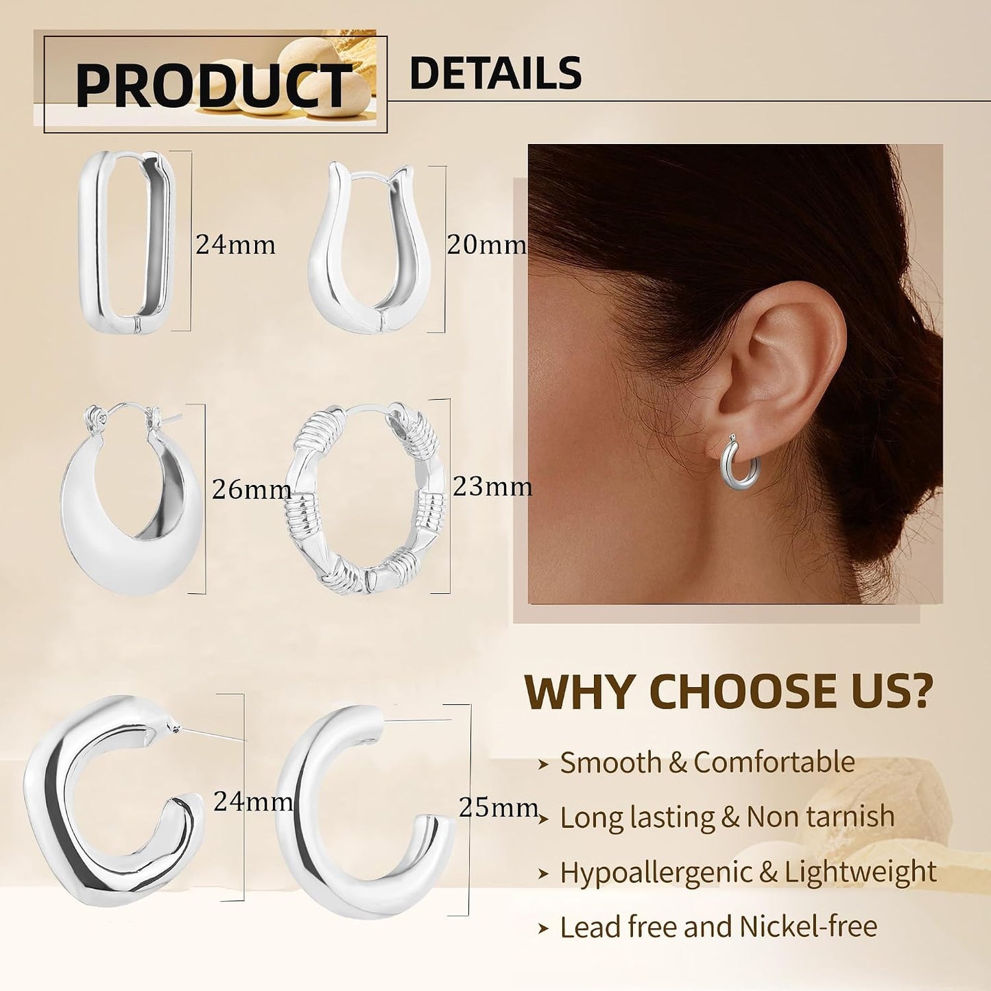 6 pares de aretes de aro chapados en oro de 14 quilates para mujer,...
