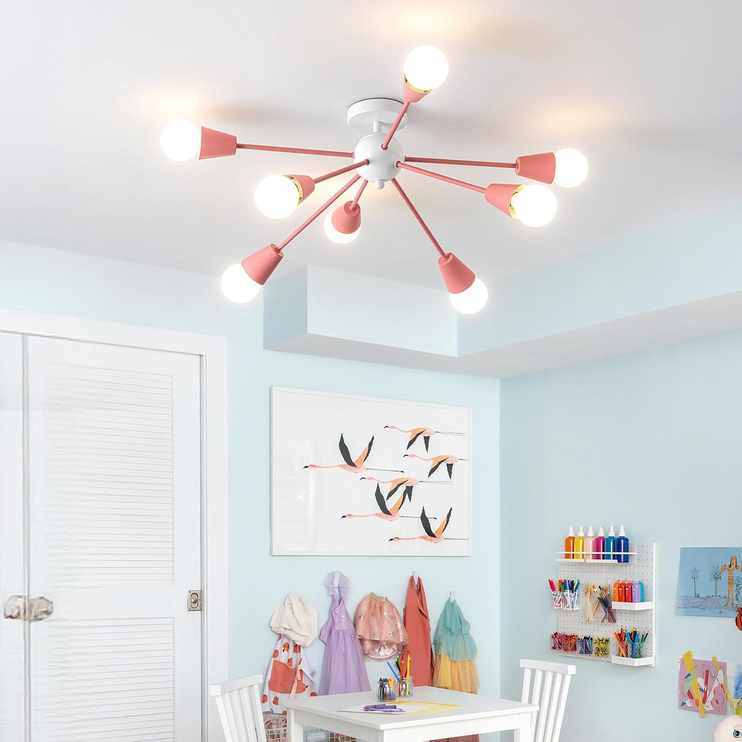 Lámpara de techo de araña Sputnik rosa, 8 luces de techo para niños...
