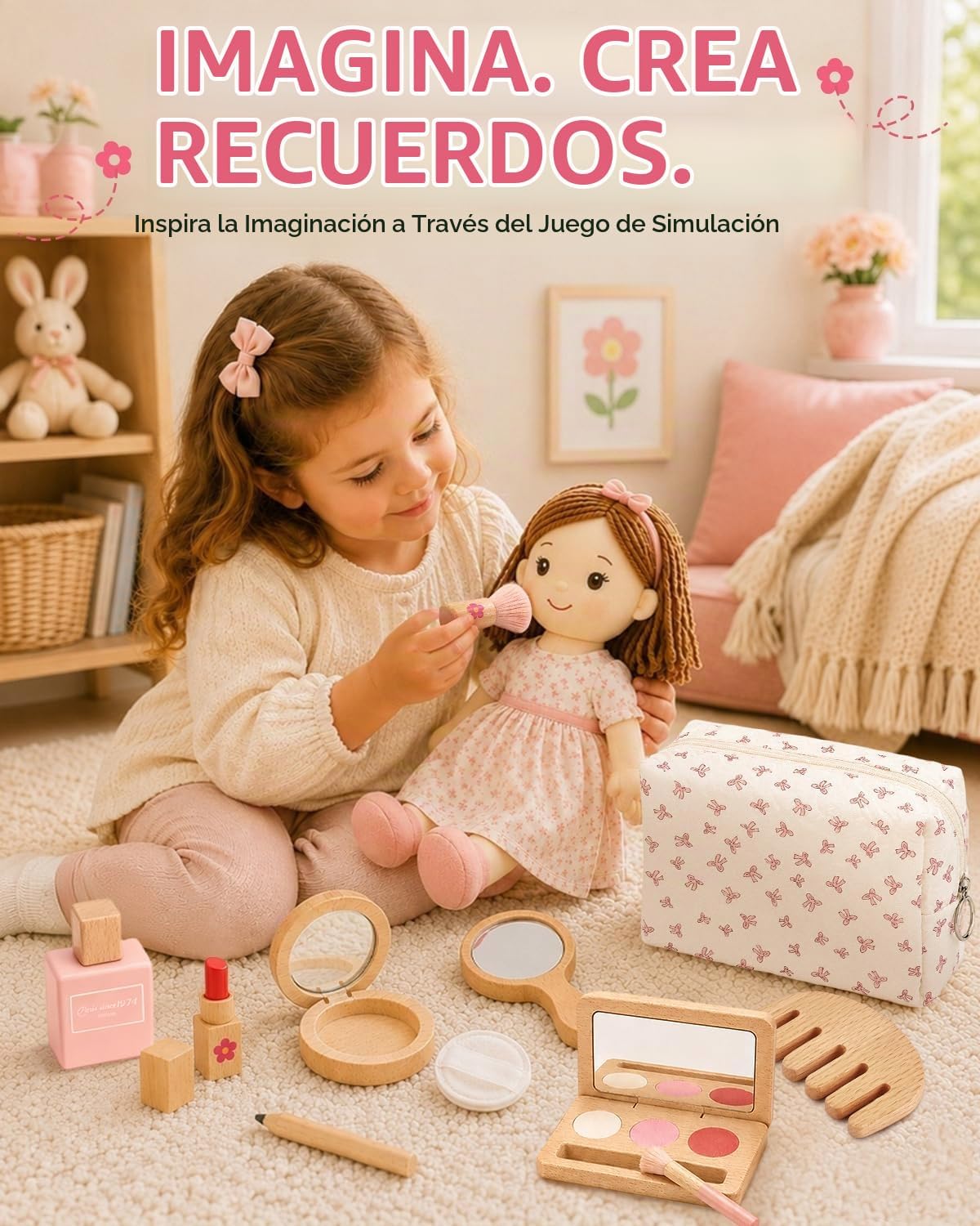 Kit de maquillaje de madera para niñas de 3 a 5 años, juego de maqu...