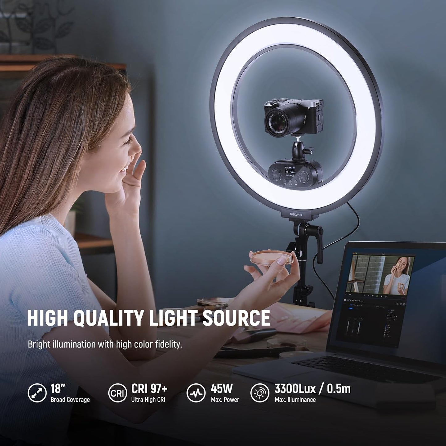 NEEWER Anillo de luz de 18 pulgadas con borde iluminado con soporte...