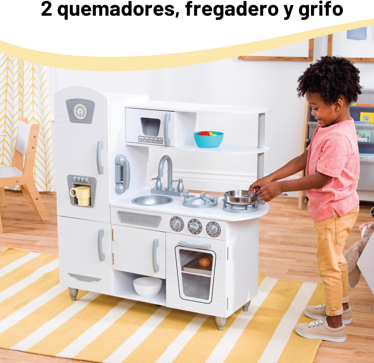 KidKraft Cocina de madera vintage con máquina de hielo y teléfono d...