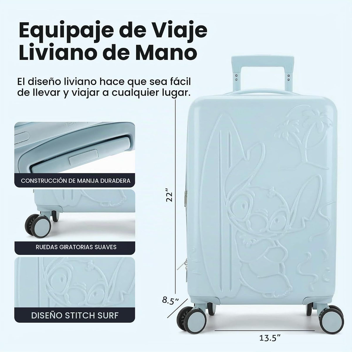 Disney Stitch With Surfboard - Maleta con ruedas (22 pulgadas), col...
