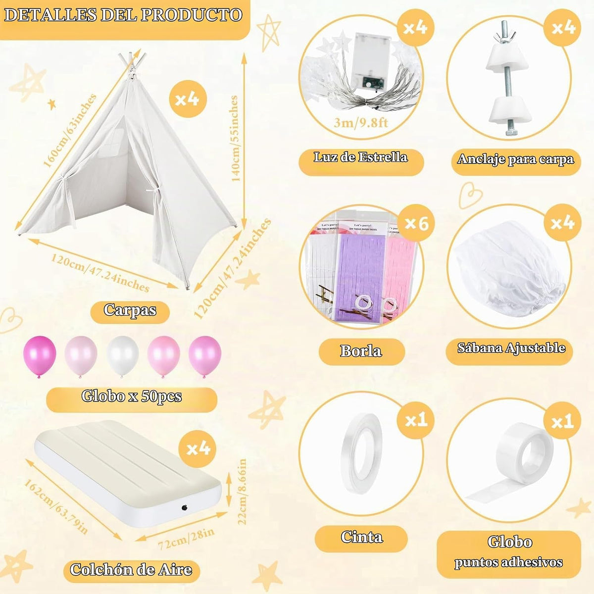 PLULON Paquete de 4 tiendas de campaña tipi para niños y niñas, tie...