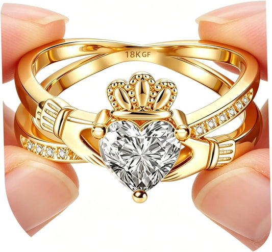 Anillo Claddagh de oro para mujer, anillo irlandés de oro de 18 qui...