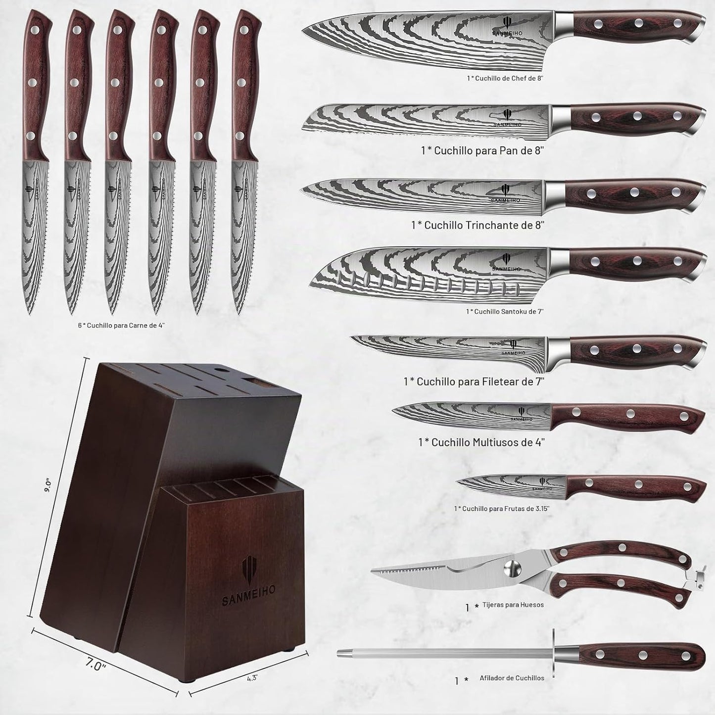 SANMEIHO Juego de cuchillos 16 piezas, cuchillo de cocina japonés c...