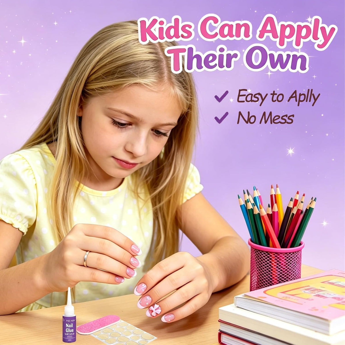 72 uñas a presión para niños, uñas francesas con perlas, lazos, flo...