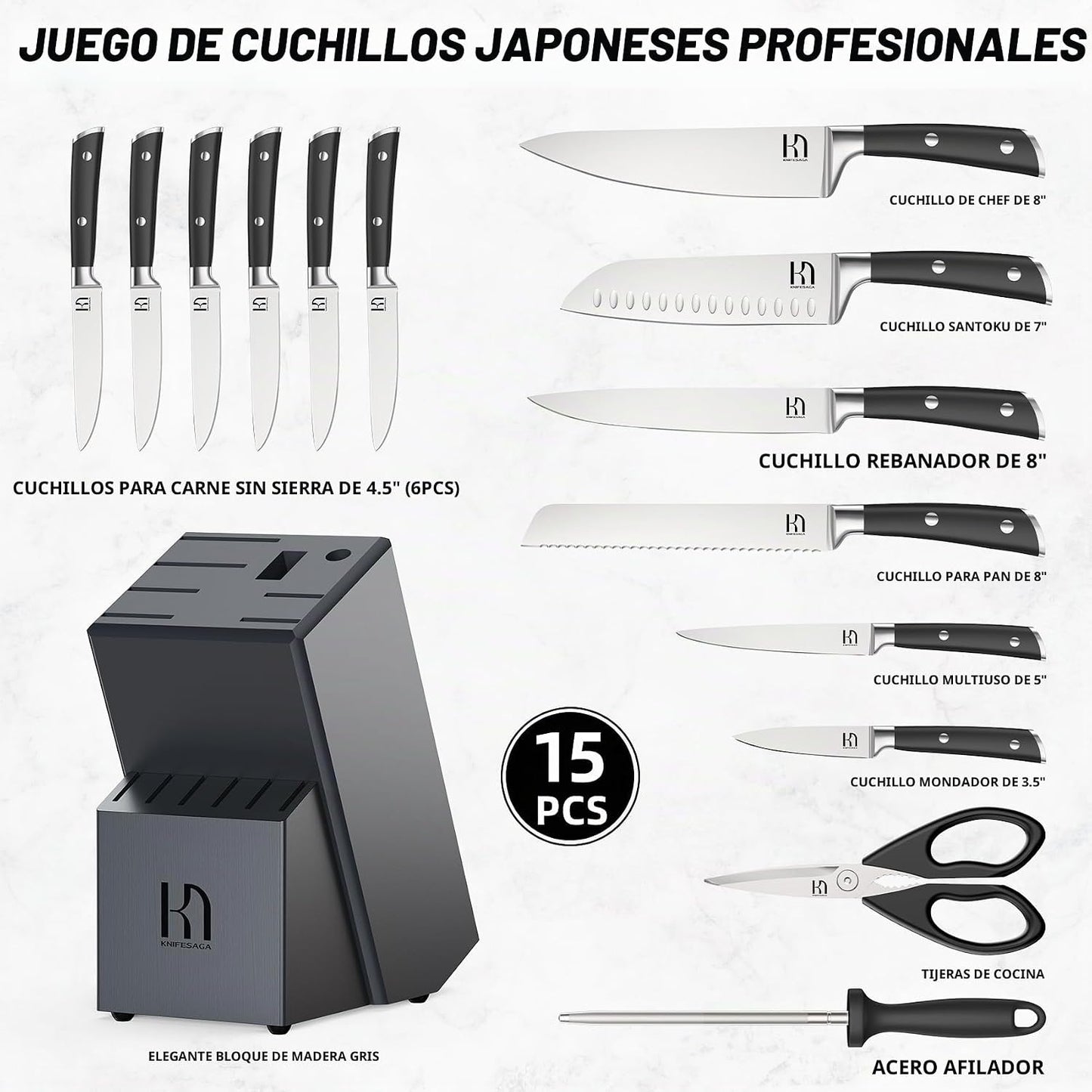 KnifeSaga Juego de cuchillos de cocina de alta calidad, 15 piezas c...