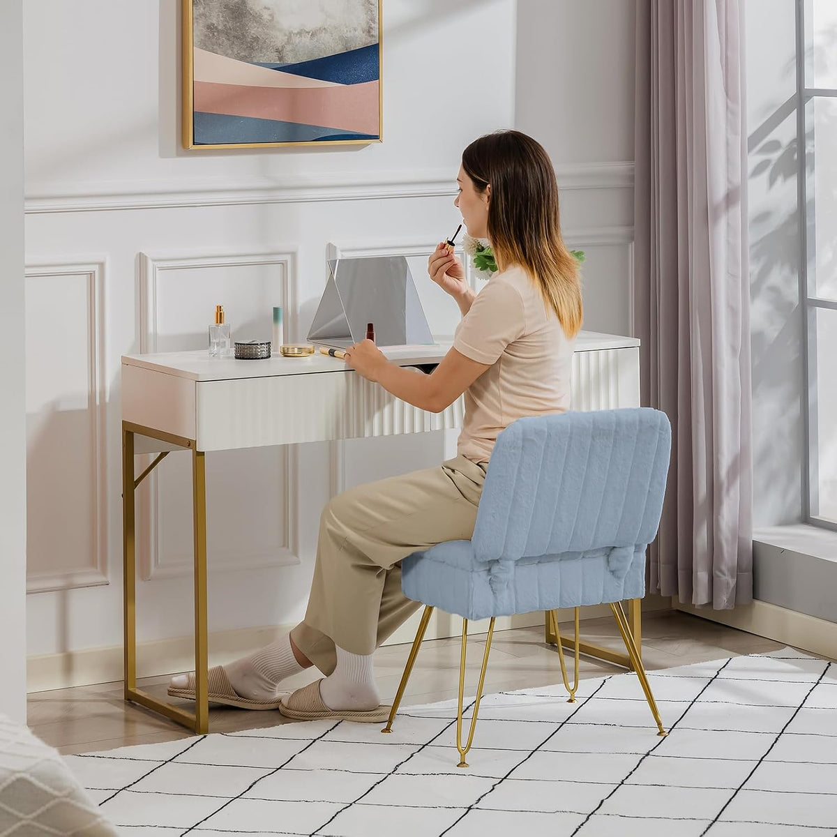 Manyday Silla de tocador con almacenamiento, cómoda otomana con res...
