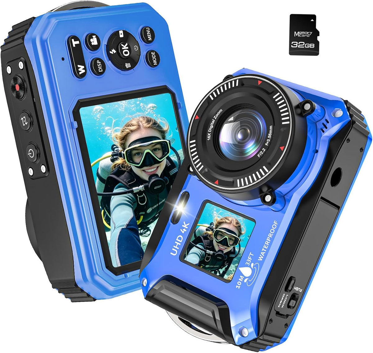 Cámara subacuática 4K 64MP 33FT Cámara impermeable con tarjeta de 3...
